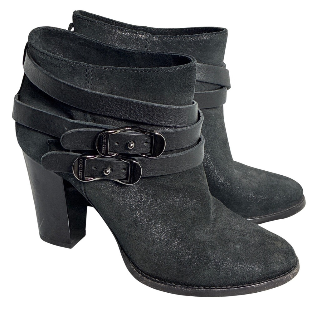 Jimmy Choo Black Suede Metallic Wrap Buckle Ankle Boots Block Heel Italy 37.5